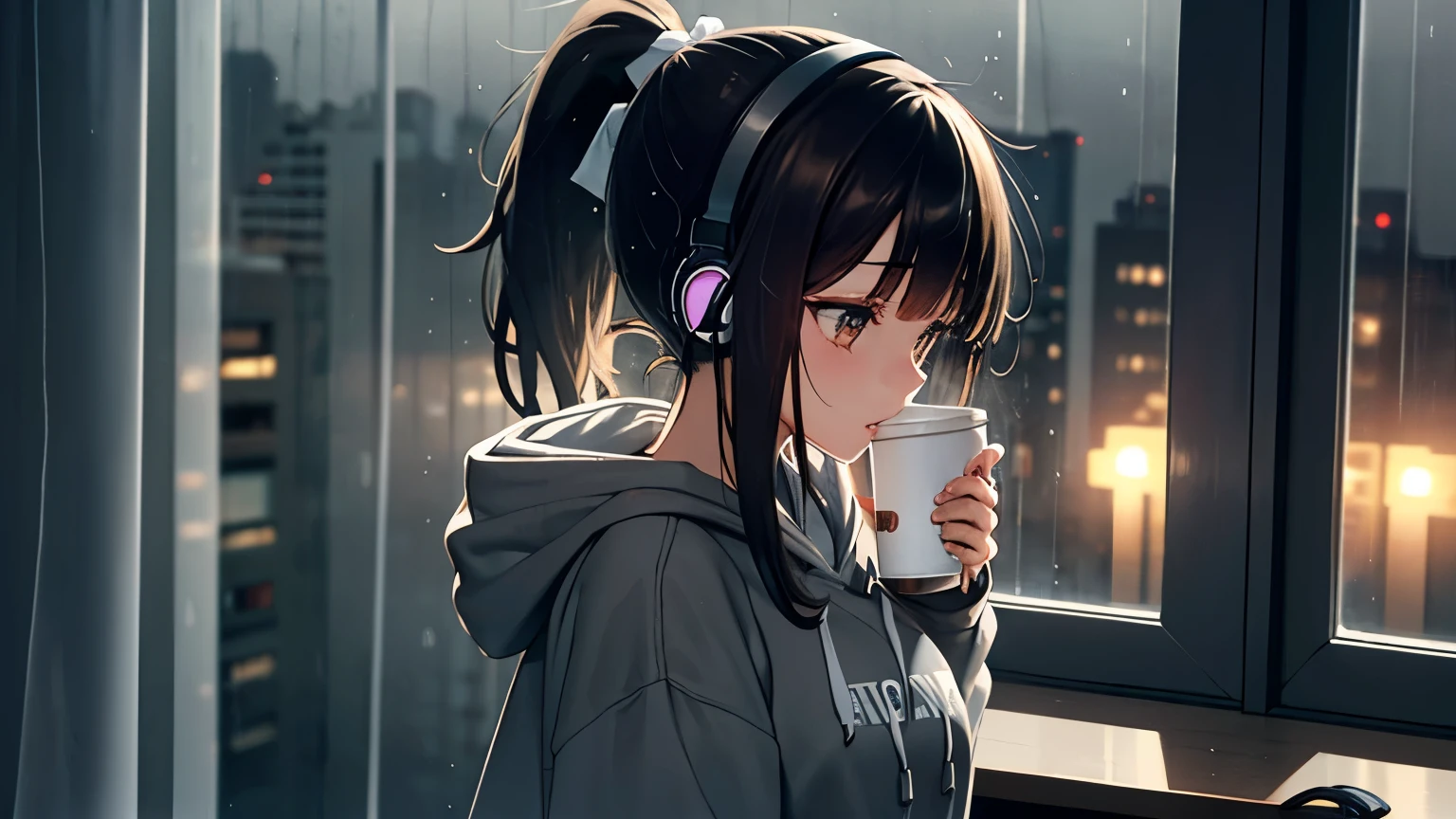(Girl living alone, brunette, medium hair, ponytail, grey hoodie, long sleeves, mini skirt), (Raining, city at night), (Coffee, listening to music with headphones, rain outside the big window)