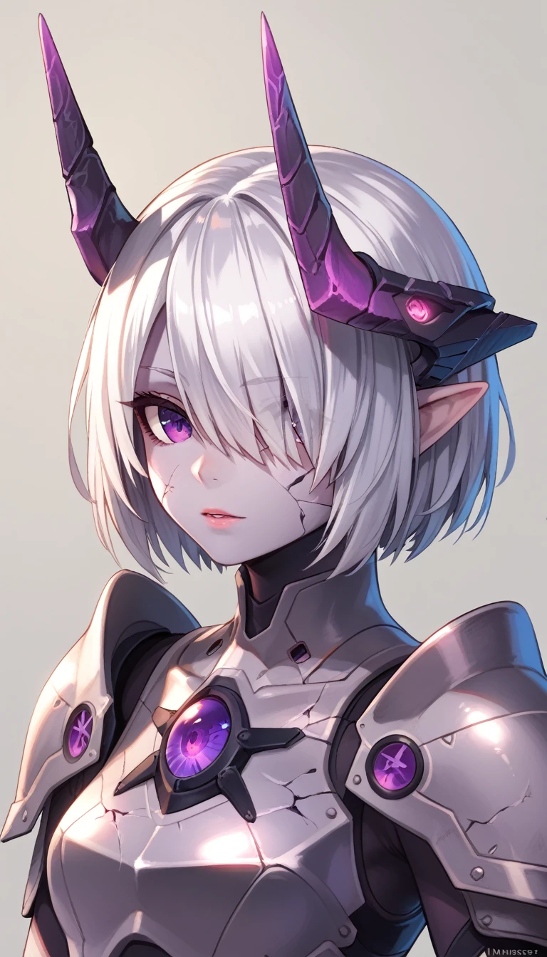 4k, portrait,machina,1 girl,muslce,sharp focus,colored skin,(grey skin:1.2),cracked skin,short hair,white hair,hair over eyes,purple eyes,one eye revealing under hair, portrait,detailed skin,detailed eyes,menacing,headgear,horns,upper body,armor,shoulder pads,unreal engine