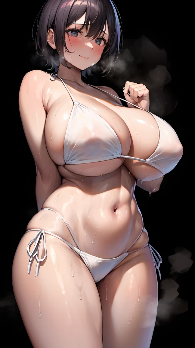 anime colored, 8K、An ultra-high picture quality、Best Quality、Realistic Woman、A smile、Japanese face、18-year-old girl、(curvy woman:1.2)、a navel、black hair、short hair、black eye、gigantic breasts、walking pige-toad、(white bikini, side-tie bikini:1.5), (sweat:1.8), (looking straight:1.8)、arms behind back、 (greaming skin, sweat skin:1.4)、(black background:1.8), BREAK nsfw,