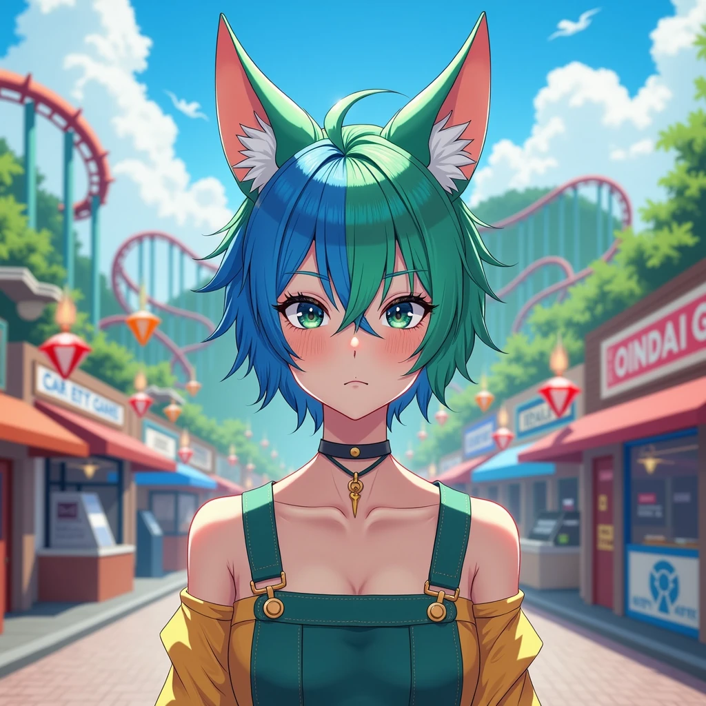 outdoor adult japanese style portrait of a Non-Binary person with short messy hair that is blue on one side and green on the other with shaved / blended sides. They are standing in an amusement park that has a small mountain in the background with a rollercoaster around it. Shops and games on either side of the walkway they are on. They are also wearing cute fox-ears.