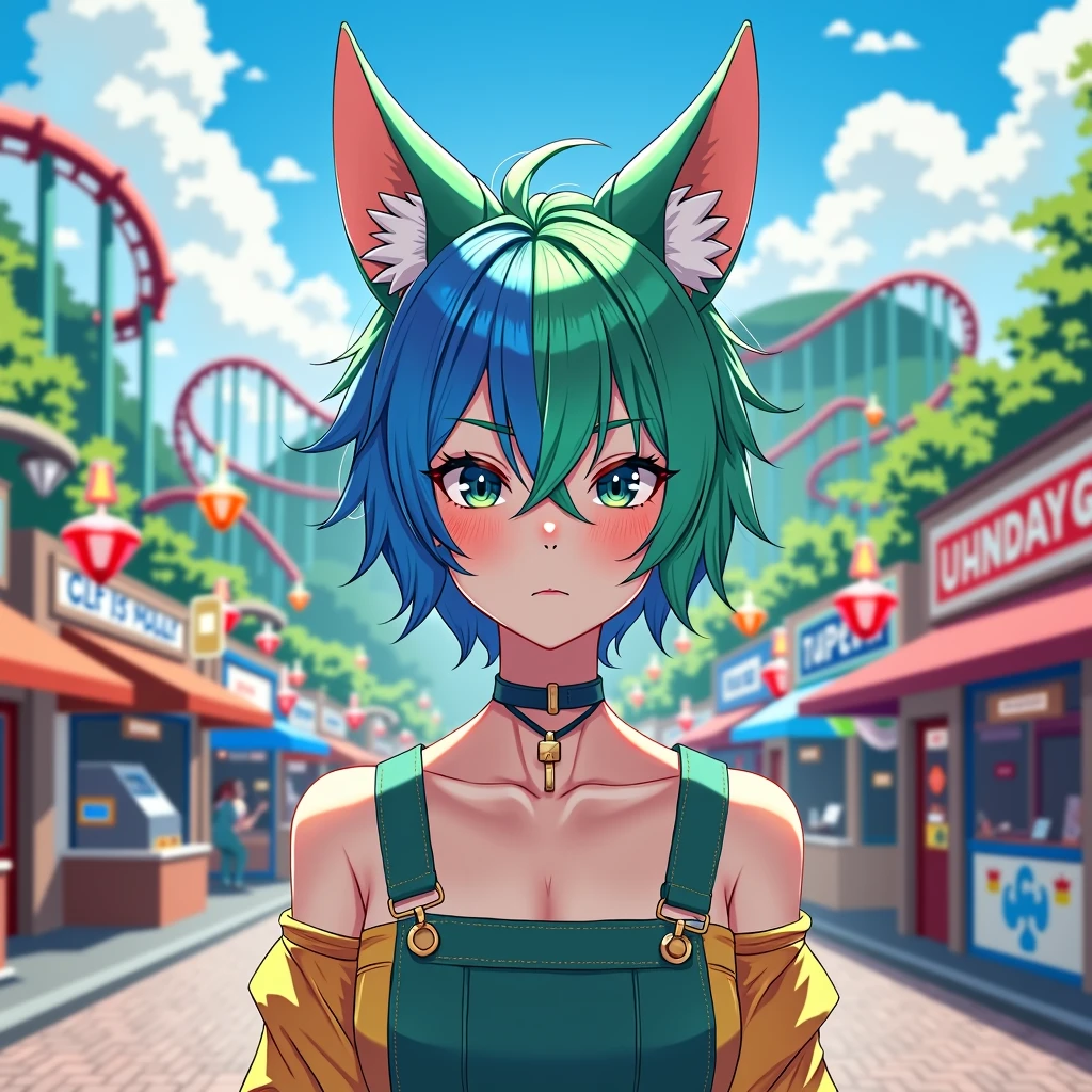 outdoor adult japanese style portrait of a Non-Binary person with short messy hair that is blue on one side and green on the other with shaved / blended sides. They are standing in an amusement park that has a small mountain in the background with a rollercoaster around it. Shops and games on either side of the walkway they are on. They are also wearing cute fox-ears. 