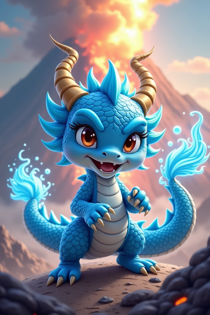Chinese style blue dragon,cute style,combat status,Background volcano,fighting stance,fierce,like a fighter