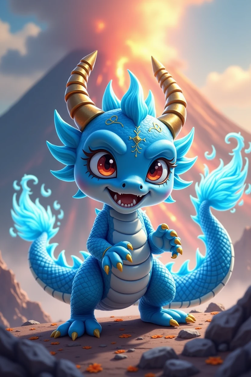 Chinese style blue dragon,cute style,combat status,Background volcano,fighting stance,fierce,like a fighter