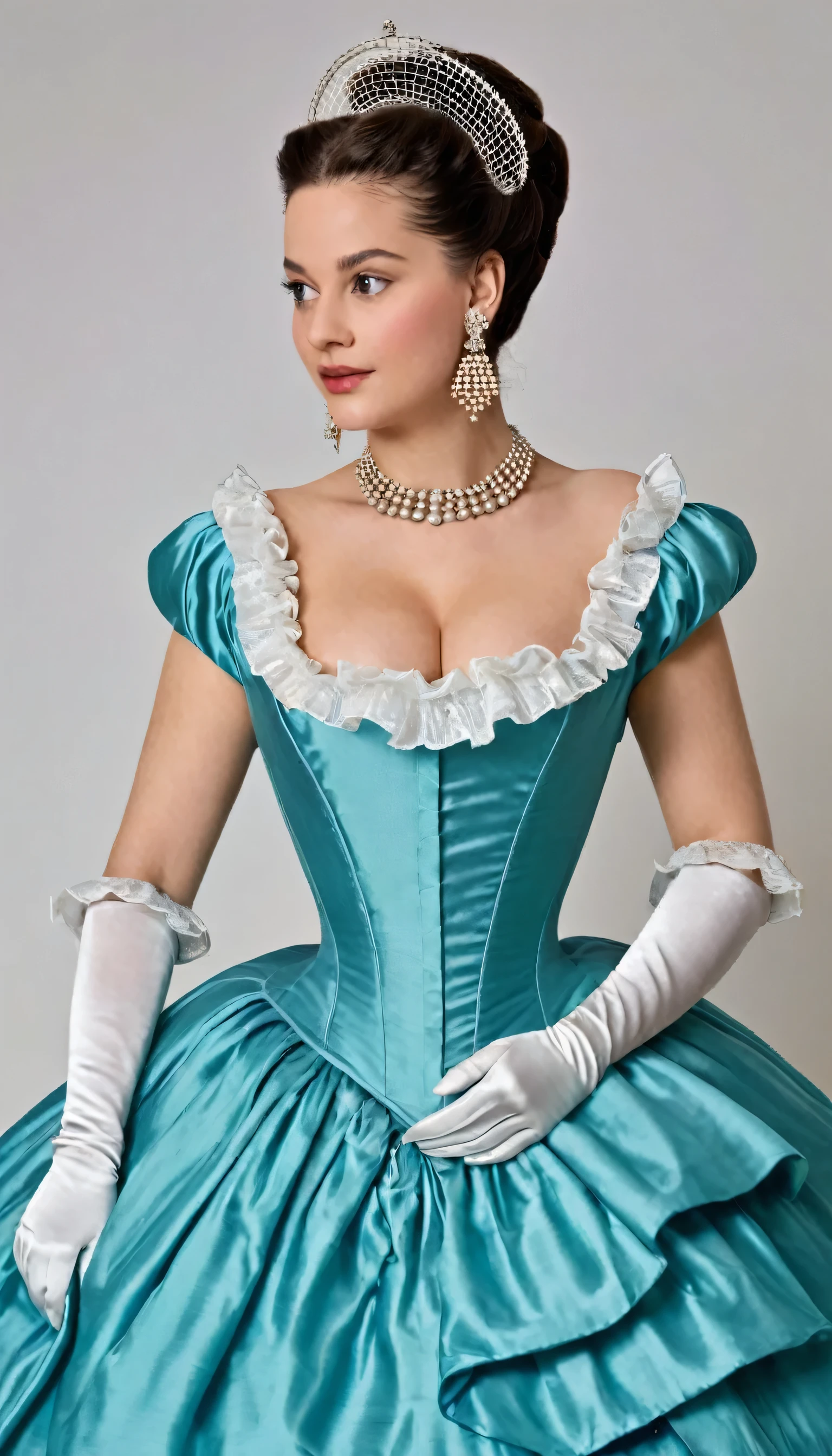 Whole body photo of a woman, In the mid-16th century, the neckline disappeared and raised collars appeared. Shoes and fluffy skirts are in fashion; real fashionistas and fashionistas began to use perfume. Later, France begins to dictate fashion again. Laws of beauty appear, and the whole world follows the example of French women. The first editions of style and fashion appear. In the 18th and 19th centuries,(whole body),fashion included: front sights, wigs, women's corsets, and the Rococo style.full body photography, big breasts, very long eyelashes, long diamond earrings, big diamond collar, ruffled dress, puffy sleves,satin dress,silk dress,4k, 8k,high resolution