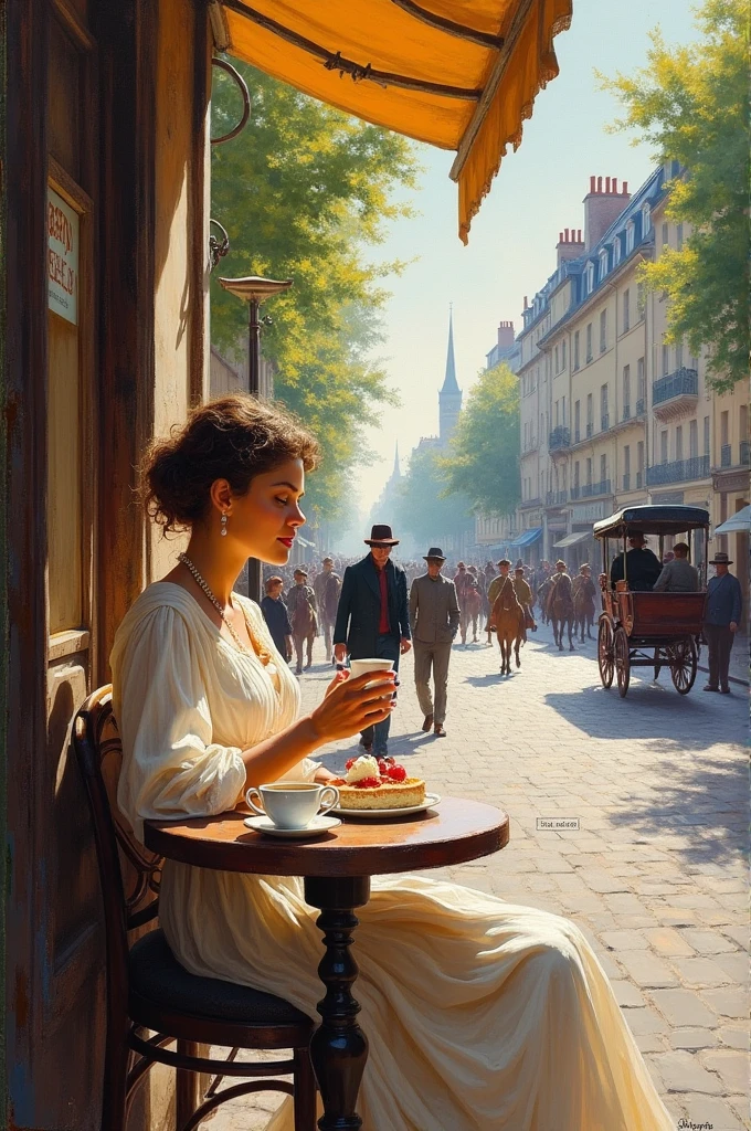 Oil painting of impressionism style, scenery of 16th century france, a lady sitting at roadside café, enjoying coffee & cake,, sunshine, paris, horses & peasants around