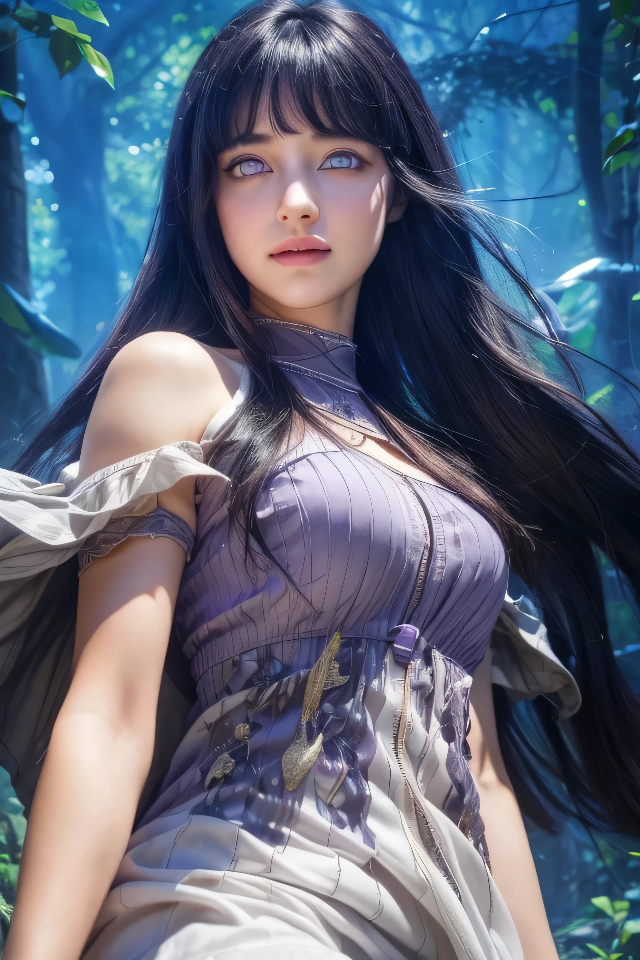 masterpiece, best quality, (realistic,photo-realistic:1.4), (RAW photo:1.2), extremely detailed CG unity 8k wallpaper, delicate and beautiful, amazing,finely detail, official art, absurdres, incredibly absurdres, huge filesize, ultra-detailed,extremely detailed eyes and face,light on face,hinata,(little smile),(black hair:1.4),(short hair:1.4),(wearing white dress:1.5),(nature background:1.4),(light purple eyes:1.5)