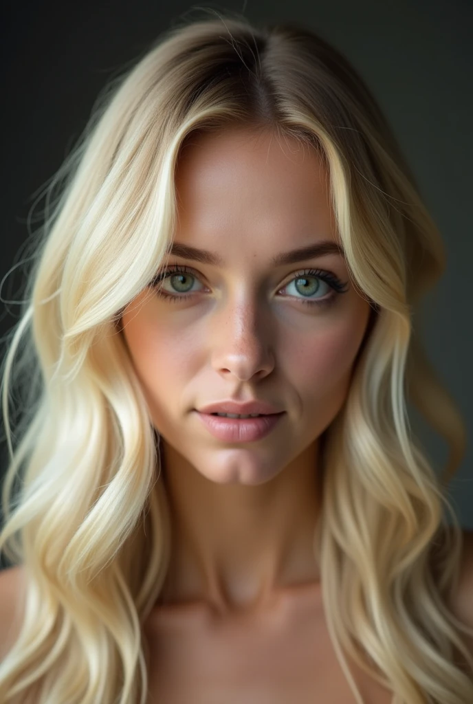 look straight into the eyes of a woman with blonde hair from the front you can see her entire head and shoulders, drop-shaped head