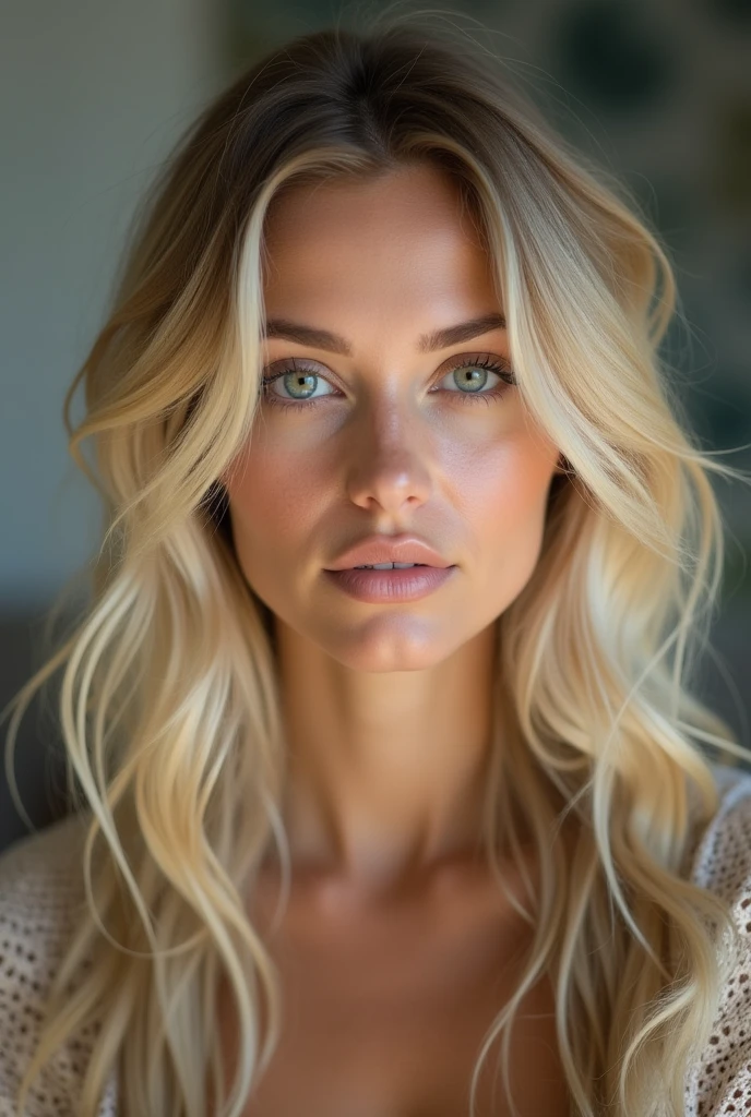 look straight into the eyes of a woman with blonde hair from the front you can see her entire head and shoulders, drop-shaped head