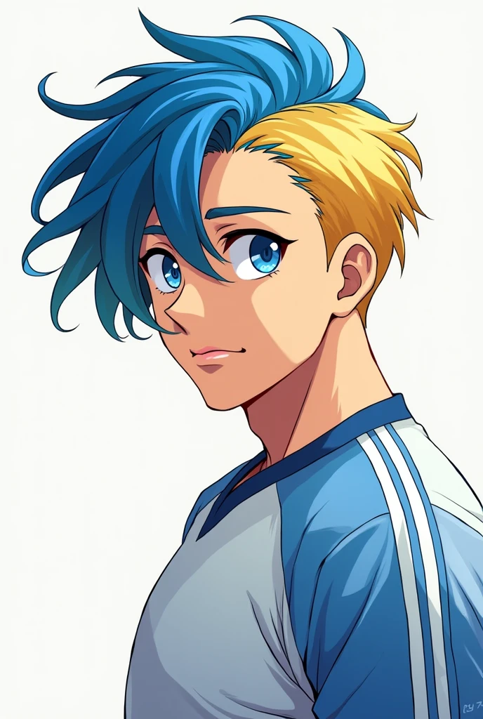 1boy,blonde hair, [(gradient hair from blue to blonde:1.5):0.4], footballar,slant eyes,｛｛long hair｝｝,25 years old,hime cut,｛｛middle part｝｝,cel anime,blue eyes