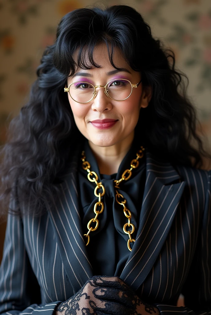 With long, curly black hair、Heavy makeup and purple eyeshadow、Around her neck she wears a black ribbon scarf with a gold chain pattern.、Wearing gold-rimmed glasses、Wearing black lace gloves、A Japanese woman in her 50s wearing a striped suit。
