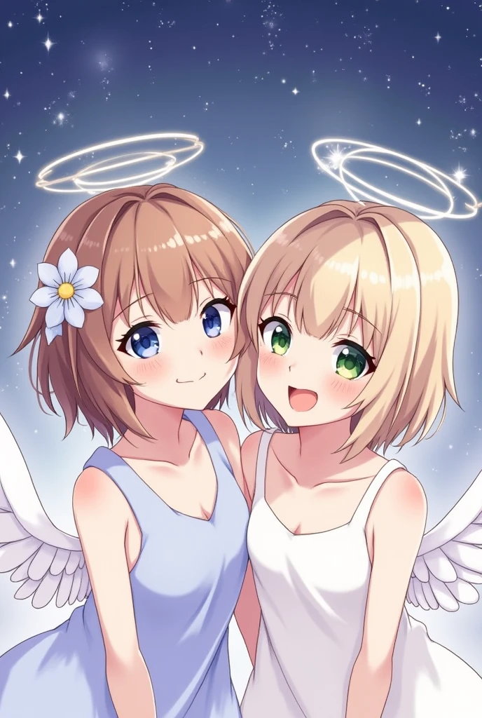 top quality, pastel painting, gentle atmosphere, twin girl angel, cute, white wings, smiling happily, brown short hair of different colors, one with blue eyes, one with green eyes, dresses of different colors, flower hair ornament, upper body, looking at the viewer, space, meteor, light,