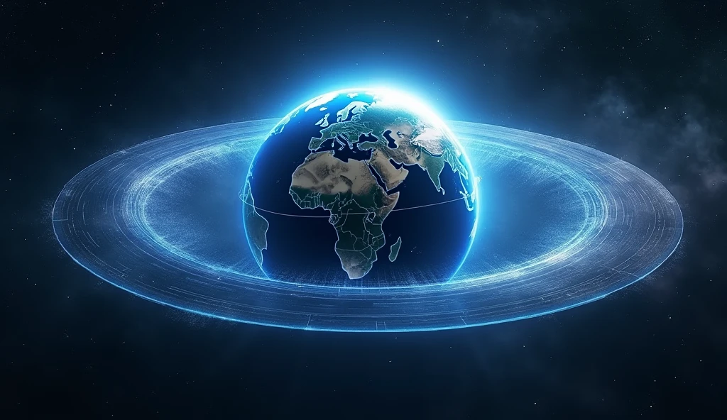 A futuristic earth with a protective energy shield blocking space debris from orbiting around earth. Make it reakistic with shield around earth as a protection 