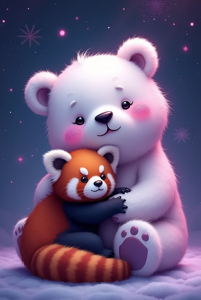 Cute and fluffy chubby purple glitter big polar bear, cuddling with an extra cute red panda, galaxy background