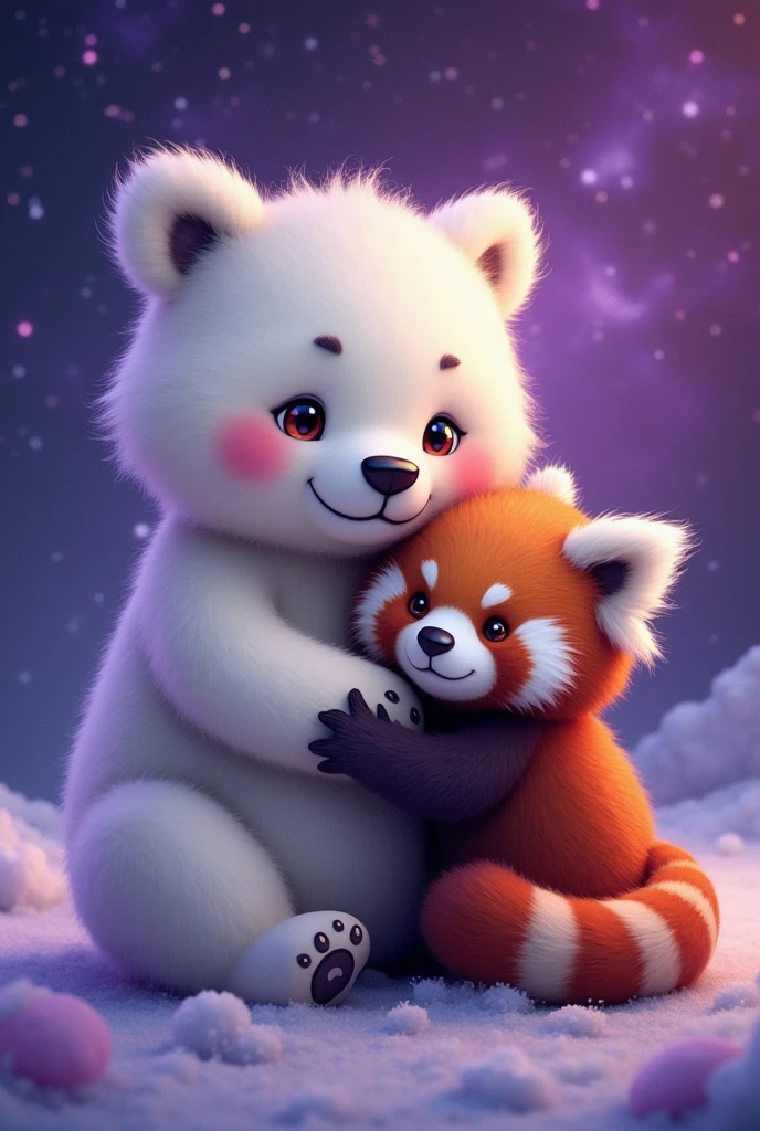 Cute and fluffy chubby purple glitter big polar bear, cuddling with an extra cute red panda, galaxy background
