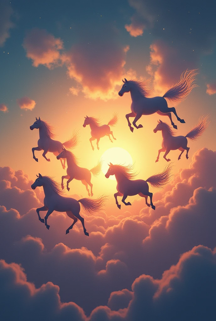 Seven horse in the sky with raising sun