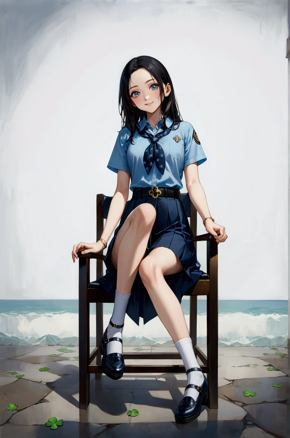 realistic anime illustration of pretty young woman, she is smiling and sitting on chair, she has black long hair (+forehead), wearing pastel-blue short sleeves collared shirt, navy-blue neckerchief with white outline clover leaves pattern, navy-blue pleated pencil long skirt, black belt with gold circle buckle, white socks and black mary-jane shoes, (1girl, solo,full body), (masterpiece, best quality, japanese anime style), BREAK, (pastel-blue short sleeves collared shirt, navy-blue neckerchief with white outline clover leaves pattern, navy-blue pleated pencil long skirt, black belt with gold circle buckle, white socks and black mary-jane shoes), ((without watermark))