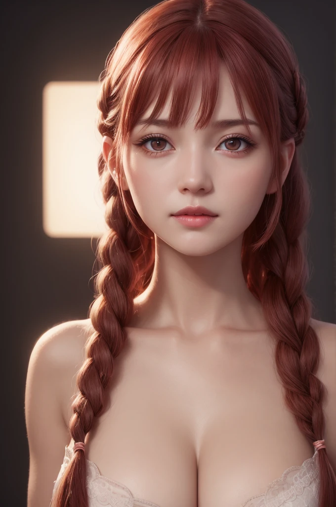 1girl, star eye, blush, perfect illumination, red braided hair, red eyes, large breasts, unreal engine, sidelighting, detailed face, bangs, bright skin, simple background, dark background,