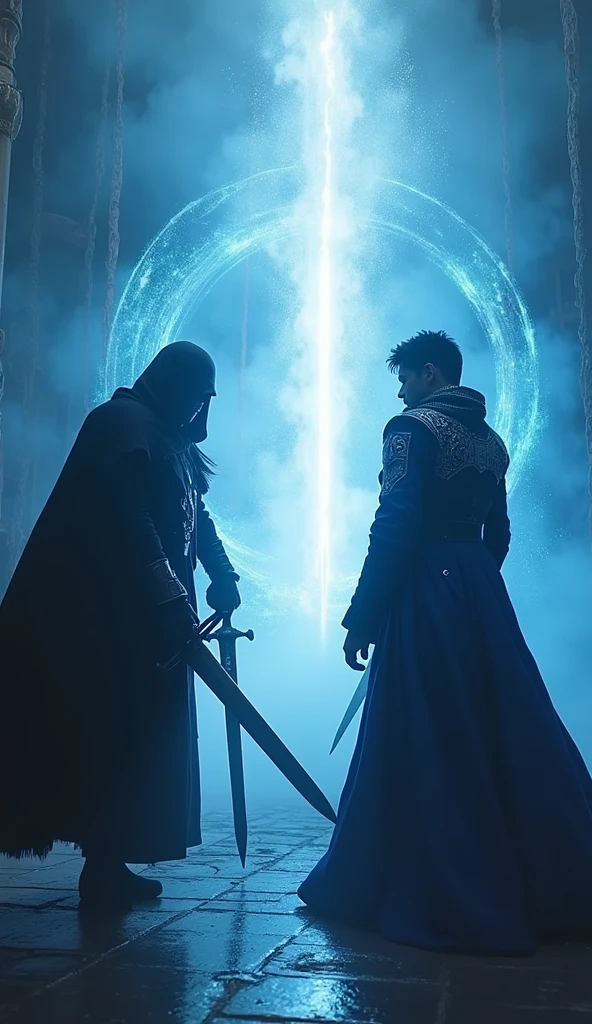 "In a dramatic climax, Voltex, a dark knight clad in a long black coat and wielding a shadowy cursed sword, and Mirage, a male sorcerer in a blue robe with silver embroidery, unite their powers to confront Chaos. Chaos, an ominous figure clad in a black coat with silver patterns, wielding a dark, cursed sword and shrouded in shadows, stands as the formidable foe. Voltex's dark sword energy and Mirage's blue magical vortex merge into a brilliant beam of light, aimed directly at Chaos. The scene is charged with intense light and shadow, as their combined attack overwhelms Chaos and pierces through his darkness, signaling the defeat of this dark antagonist and the emergence of hope."