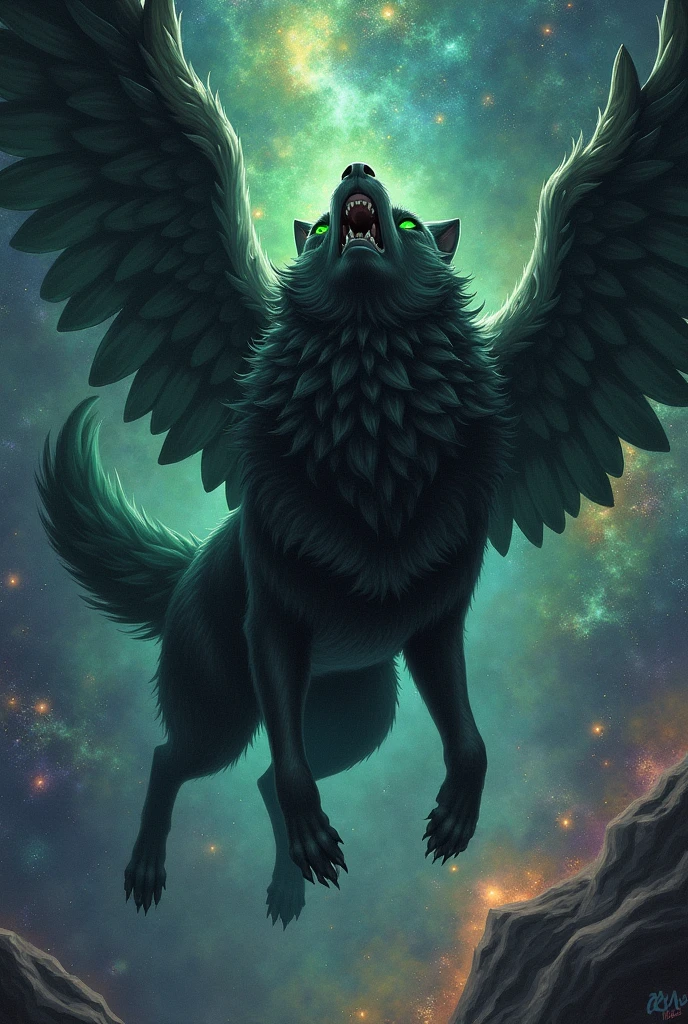 A drawing of a black wolf,with wings (can&#39;t fly ) green details and bright eyes , falling backwards into the void with a background of stars and galaxies 
