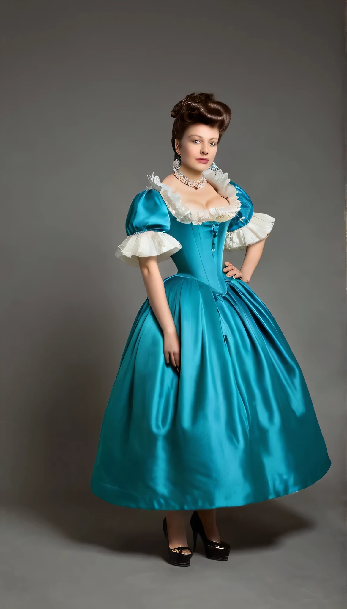 Whole body photo of a woman, In the mid-16th century, the neckline disappeared and raised collars appeared. Shoes and fluffy skirts are in fashion; real fashionistas and fashionistas began to use perfume. Later, France begins to dictate fashion again. Laws of beauty appear, and the whole world follows the example of French women. The first editions of style and fashion appear. In the 18th and 19th centuries,(whole body),fashion included: front sights, wigs, women's corsets, and the Rococo style.full body photography, big breasts, very long eyelashes, long diamond earrings, big diamond collar, ruffled dress, puffy sleves,satin dress,silk dress,4k, 8k,high resolution