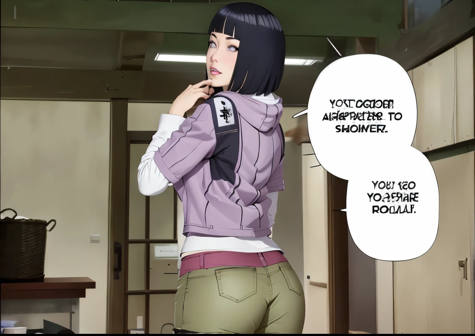 master part, absurderes, hinata\(boruto\), 1 girl, standing alone,mature woman, purple hoodie,layered sleeves, short brown jeans sexy, plein-air, cloudy sky, perfect composition, circumstantial lips, large breasted, pretty face, Body Proportion, blush, (pink lips), short black hair (black hairr), lilac eyes, smooth appearance, super realistico, circunstanciado, photoshoot, realistic face and body, realistic hair, realisticeyes, realistic nose, realistic lips, brown jeans, animadas, dancing lightly. on your back, with chin under shoulder, looking back sensually, sorriso sexy, mouth shut. different pose.