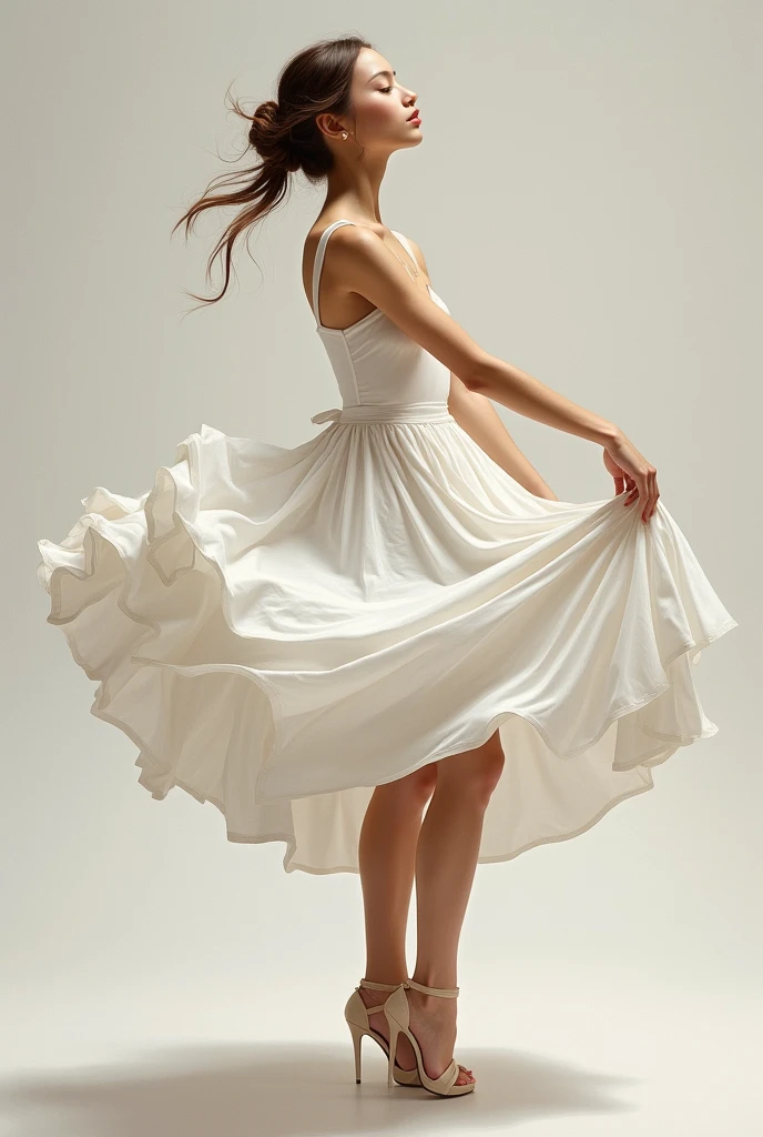 Standing with full body leaning,(Drawing of dancing girl), (Jürgens simple white dress (Mandy Jurgens) Realistic paintings created, , Figurative Art, A detailed description, Realistically, A work of art,