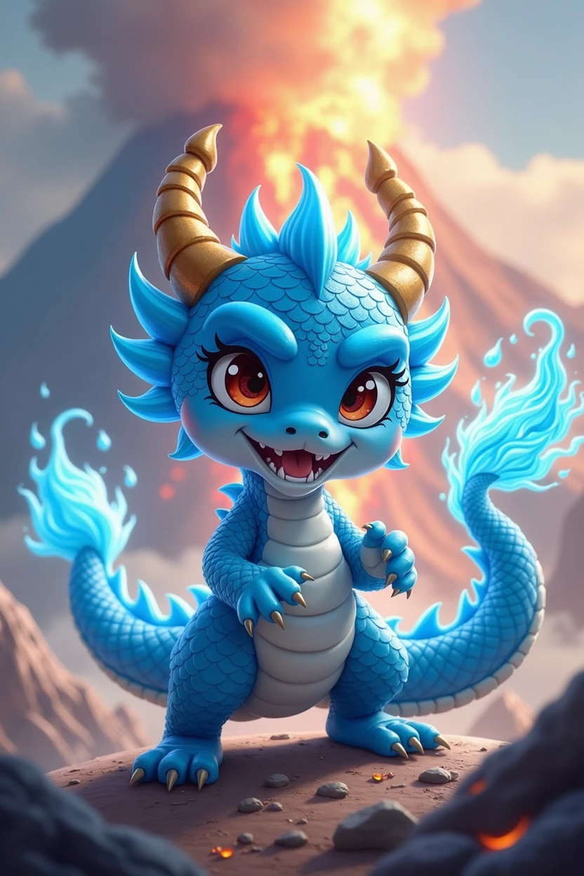 Chinese style blue dragon,cute style,combat status,Background volcano,fighting stance,fierce,like a fighter