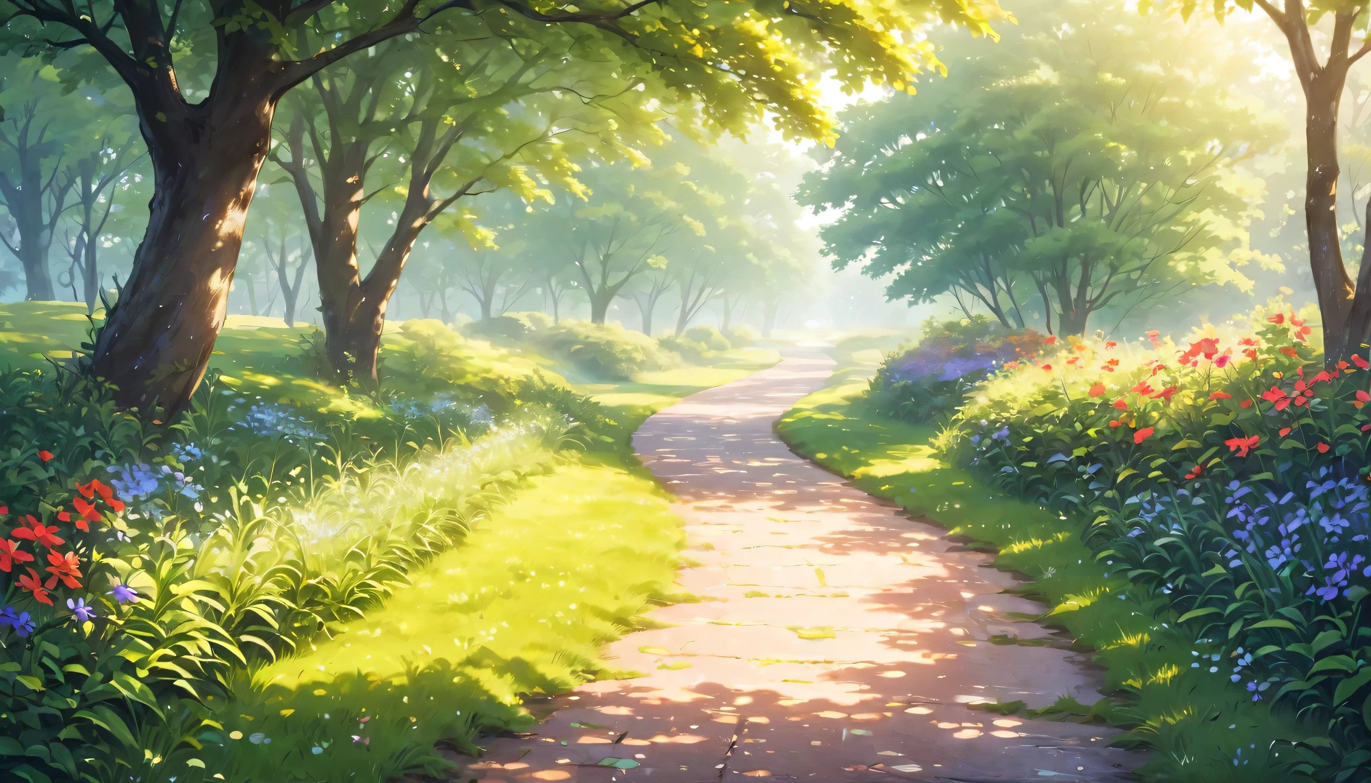 detailed anime style painting of a country road in the early morning, wet with morning dew, lush green grass and colorful flowers along the path, warm natural lighting, vibrant colors, (best quality,4k,8k,highres,masterpiece:1.2),ultra-detailed,(realistic,photorealistic,photo-realistic:1.37),intricate details,dramatic lighting,atmospheric,serene,idyllic countryside,winding path,dappled sunlight,dewy petals,lush foliage,tranquil scene