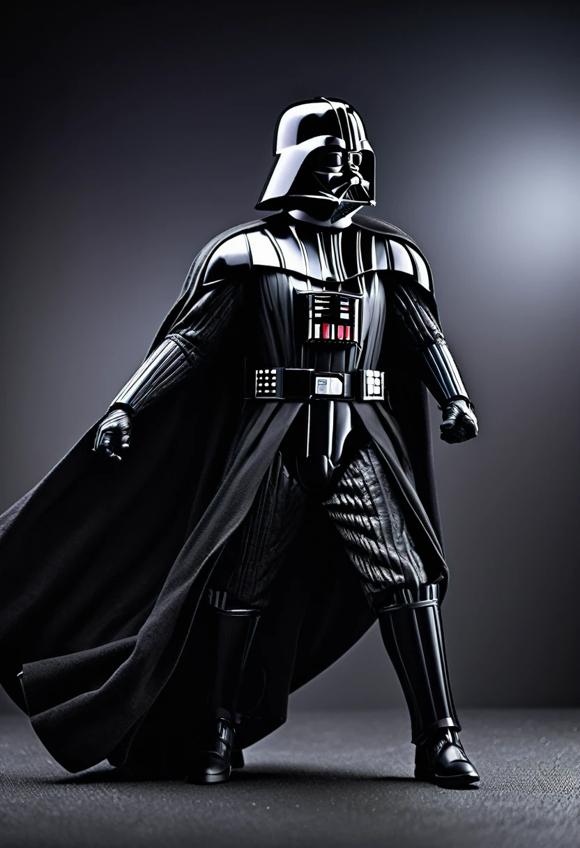 a highly detailed and realistic 8k photo of a darth vader action figure, night scene, professional lighting, photon mapping, radiosity, grey background, moody lighting, dramatic contrast, intricate details, hyperrealism, exquisite textures, dynamic pose, cinematic camera angle