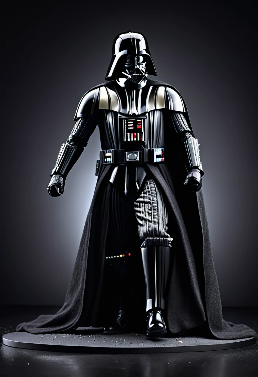 a highly detailed and realistic 8k photo of a darth vader action figure, night scene, professional lighting, photon mapping, radiosity, grey background, moody lighting, dramatic contrast, intricate details, hyperrealism, exquisite textures, dynamic pose, cinematic camera angle