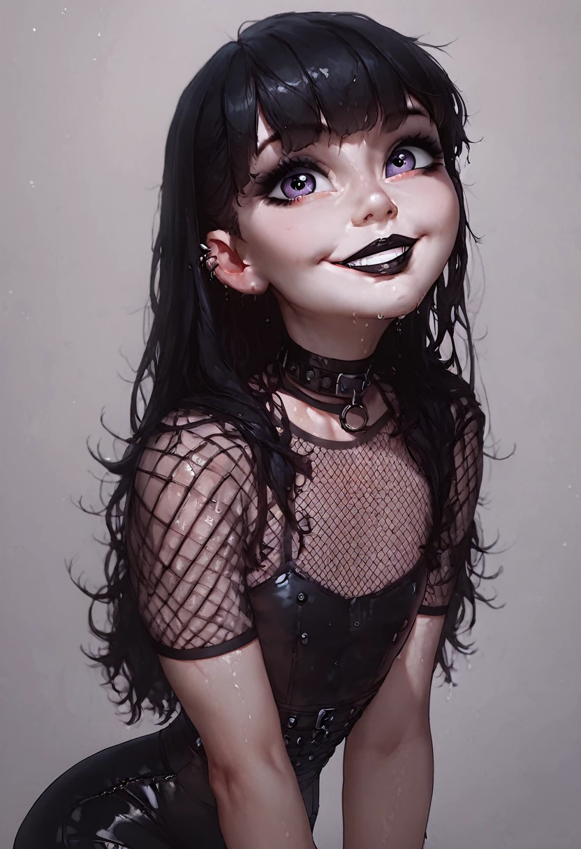 rating_explicit, score_8_up, score_7_up, score_6_up, uncensored, wet skin, small breasts, pale skin, cute face, ???-like proportions, big eyes, (((glossy black hair, bangs, long straight hair))), tiny prepubescent japanese cute goth-girl looking smugly at viewer, looking up a viewer, mesugaki-smile, miniskirt, black stockings, big cute bratty eyes, dark nightclub bathroom background, goth girl clothes, glossy black lipstick, full-body shot, tight fishnet-mesh-top, choker, strapped boots, low light, small ears, nylon sleeves, fishnet-nylon-mesh shirt, detailed, highest quality
