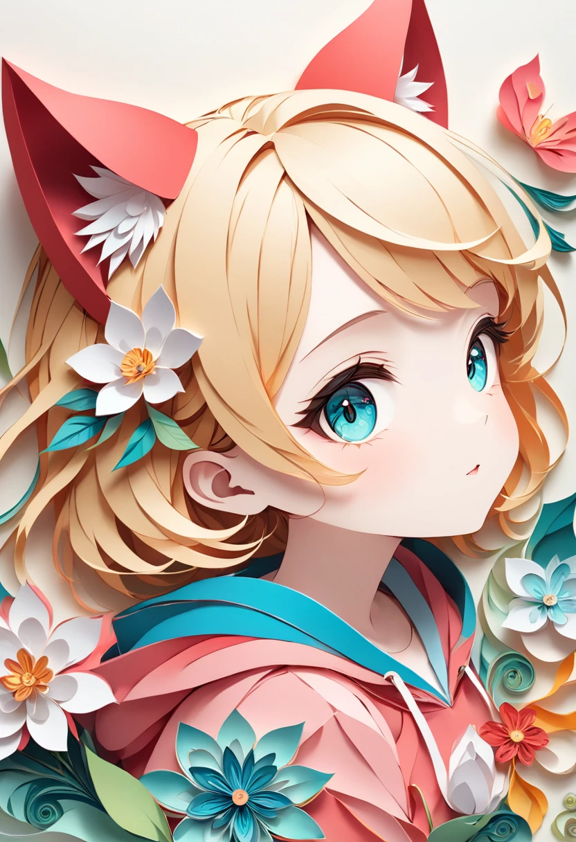 Paper cutting art,(Flat paper cutout,Paper Art,layered Paper Art,Paper Quilting, Digital Art),against a pure white background, girl,Blonde Hair Color、Cat ears of the same color as the hair、Big white flower hair ornament、Turquoise Eyes、Pink short sleeve hoodie、(Attention to detail, masterpiece, Highest quality, Ultra-high resolution)