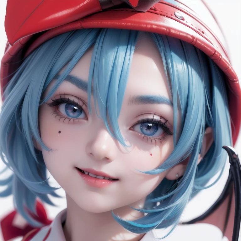 (((Remilia Scarlet))), (Bat wings), (a vampire), short hair, (((blue hair))), ((standing)), ((((face close up)))), ((Jacket, tight shirt)), evil smile,,
