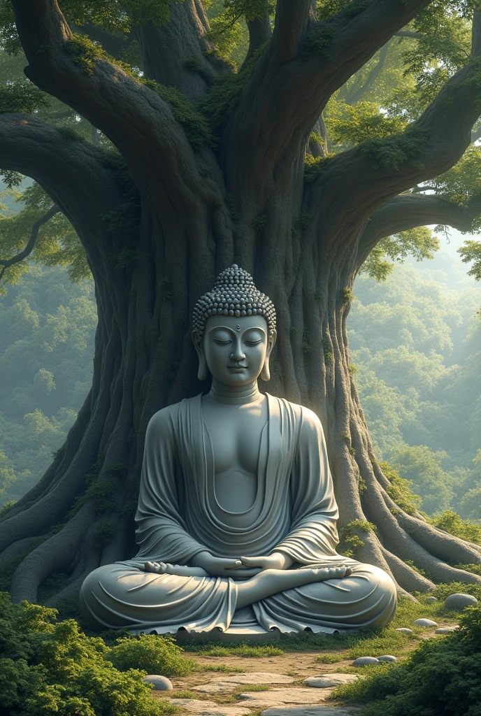 A grey color Buddha sitting under a tree big buddha