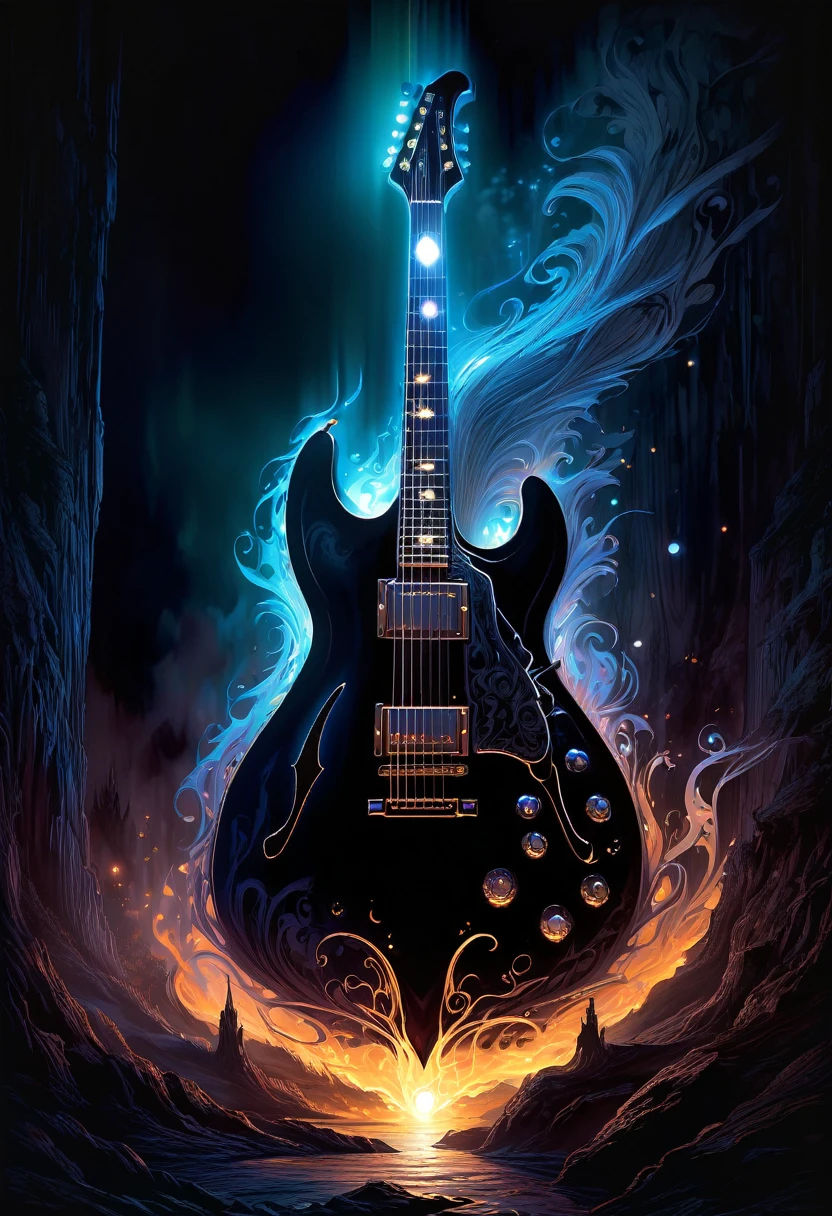 Midjourney, MJ, Midjourney style, poster, manga, anime, 
A mesmerizing dark fantasy illustration captures the essence of a hauntingly beautiful guitar, its silhouette starkly highlighted against an inky black background. The edge of the guitar is bathed in a chilling supernatural light, emanating from an enigmatic, otherworldly source. This eerie illumination creates a haunting ambiance, with the contrast between light and dark areas amplifying the captivating atmosphere. The ethereal glow and mysterious aura of the scene transport the viewer into a realm of fantasy and wonder, making this captivating illustration a true masterpiece of dark fantasy art. The intricate details and enchanting ambiance are sure to leave a lasting impression on all who behold it., dark fantasy 