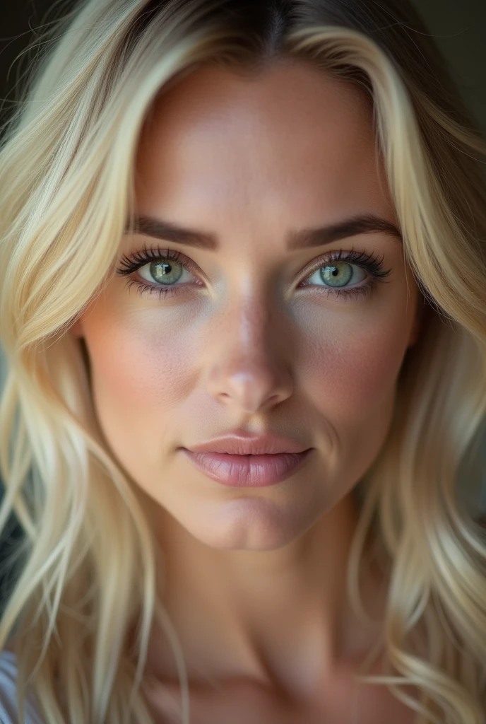 look straight into the eyes of a blonde woman from the front you can see her whole head and shoulders not too much jawline