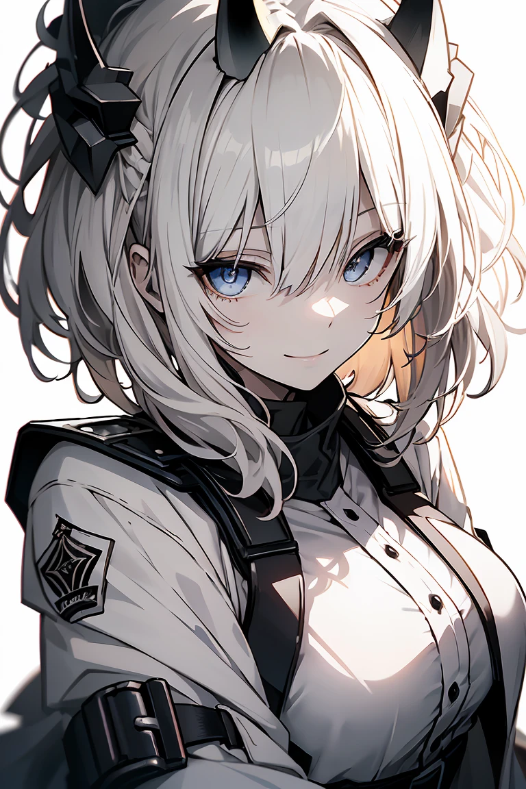 One Girl, whole body, White one-piece military uniform, (Tabletop:1.2, Highest quality), (Beautiful, detailed eyes: 1.2), (Beautifully detailed face), High Contrast, (Best lighting from the front, Very delicate and beautiful、Front lighting), ((Cinematic Light)), Dramatic Light, very orange eyes, Large Breasts, Belt under the chest, White military uniform, White Skirt,Blonde, Black tie, (Pale white background:1.5), Wolf Cut Hair, Look at me and smile,horn、Front lighting、Illuminate the face、light source