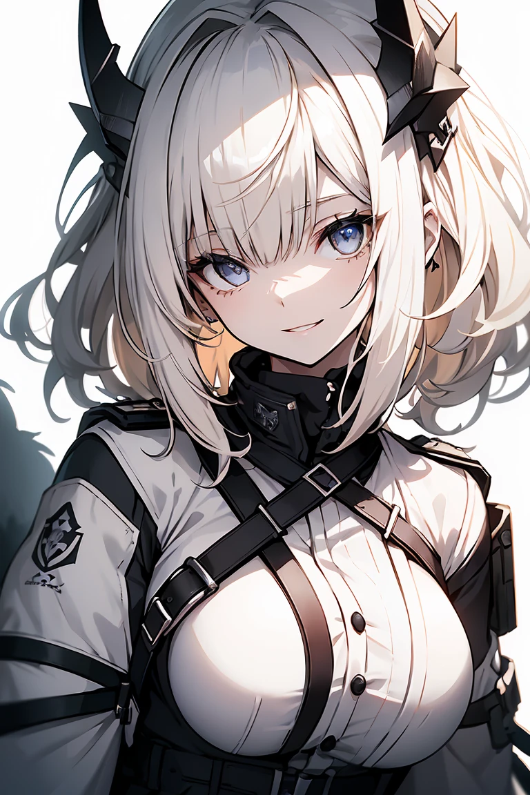 One Girl, whole body, White one-piece military uniform, (Tabletop:1.2, Highest quality), (Beautiful, detailed eyes: 1.2), (Beautifully detailed face), High Contrast, (Best lighting from the front, Very delicate and beautiful、Front lighting), ((Cinematic Light)), Dramatic Light, very orange eyes, Large Breasts, Belt under the chest, White military uniform, White Skirt,Blonde, Black tie,  (Pale white background:1.5), Wolf Cut Hair, Look at me and smile,horn、Front lighting、Illuminate the face、light source