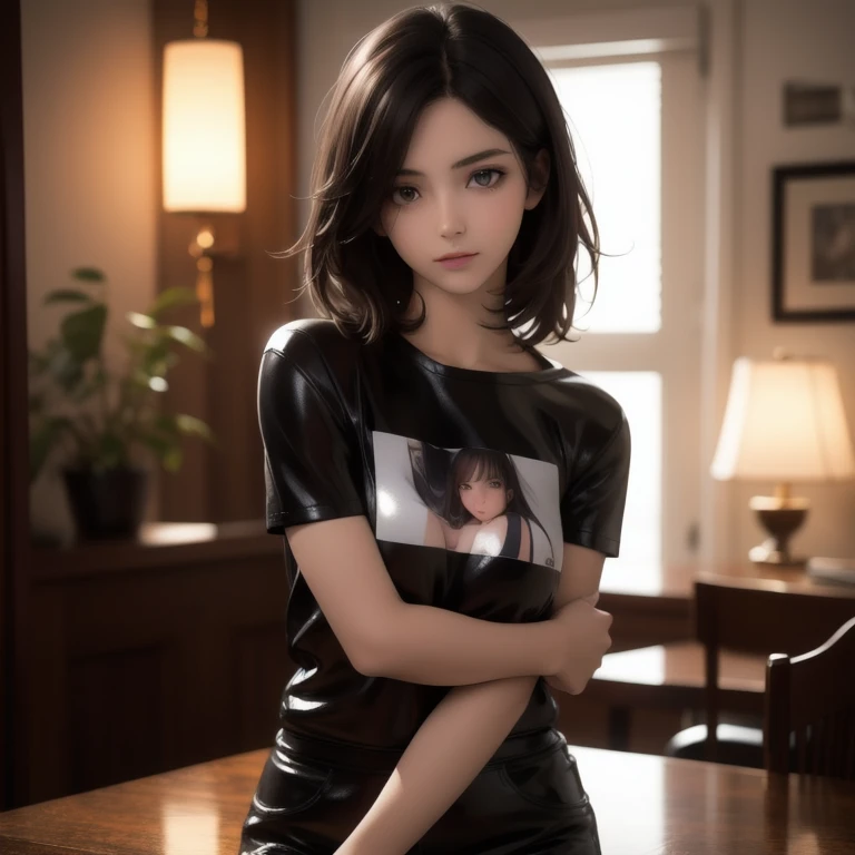 dressed, (photo realistic:1.4), (hyper realistic:1.4), (realistic:1.3),, (Smoother lighting:1.05), (improve the quality of cinematic lighting:0.9), 32K,, 1 girl,20 year old girl, realistic lighting, Backlight, Light on your face, Ray tracing, (bright light:1.2), (Improving quality:1.4),, (Real leather texture of premium quality:1.4), highly detailed eyes, finely detailed face, good quality eyes,, (tired, sleepy and happy:0.0), face close up, t-shirts,, (Improve your body line mood:1.1), (Enhance the beauty of skin texture:1.1)