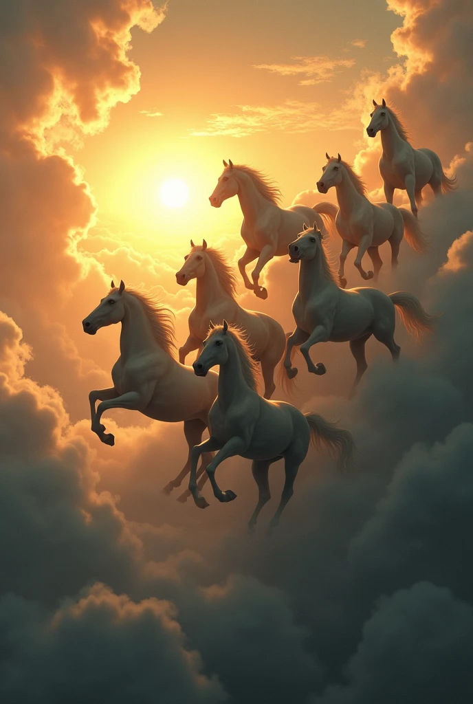 Seven horse in the sky with raising sun

