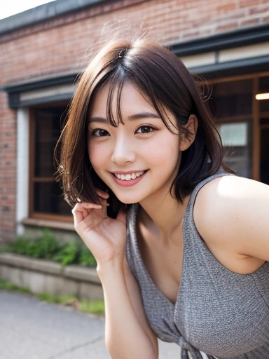 RAW Photos、masterpiece、Highest quality、Realistic、超High resolution、High resolution、16k wallpaper、Very detailed、The finer details、Cinema Lighting、In front of the brick wall of a building、18-year-old female、Realistic Skin、((Dark Eyes))、A shy smile、(Medium Short Hair)、Grey dress、Yoshitomo Nara, shikamimi, Chiho, mayuri shiina, A real young gravure idol, beast, , Kotegawa Yui, 8k、narumi kakinouchi