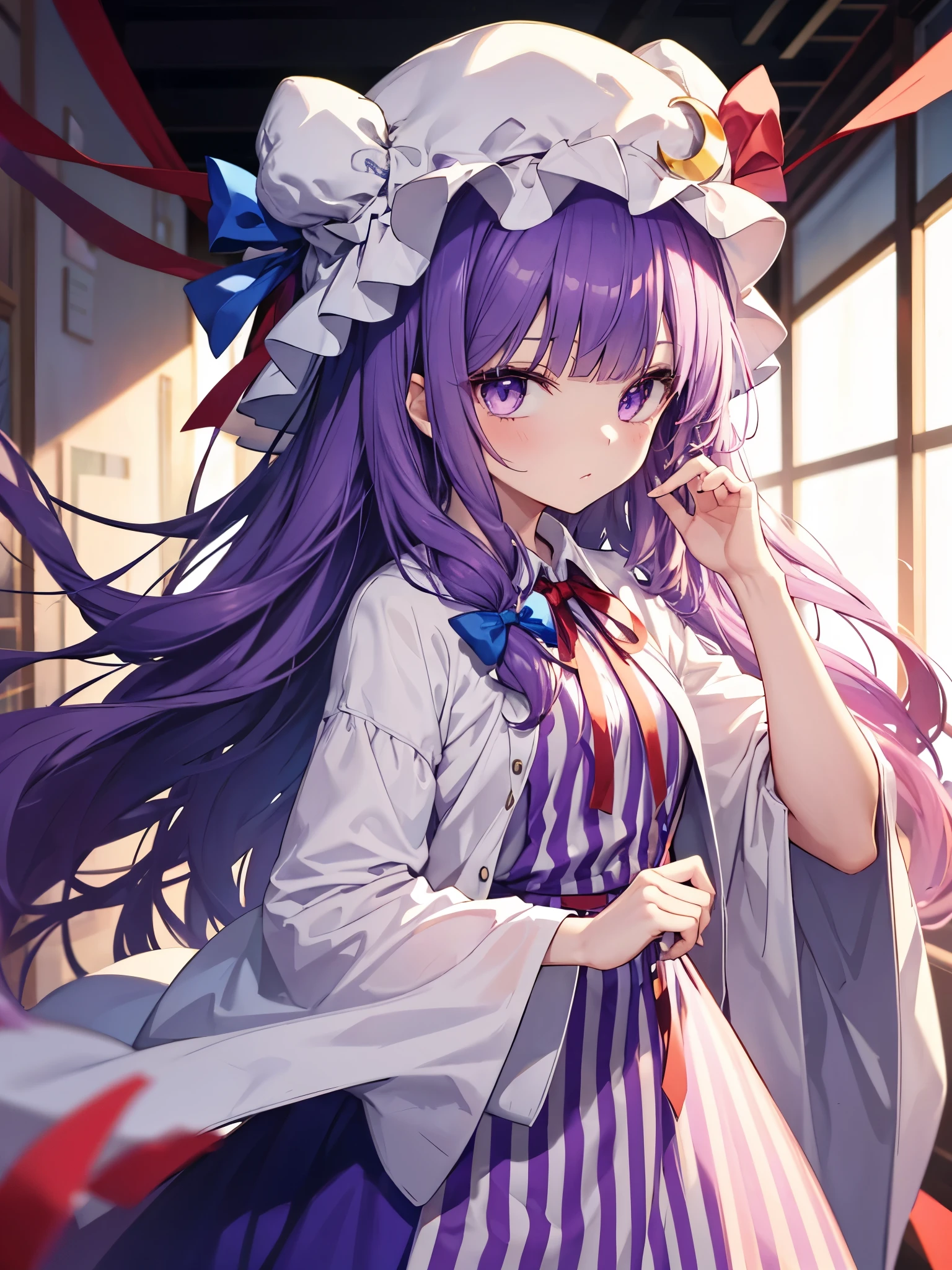 1girl, patchouli knowledge (touhou), purple eyes, very long hair, purple hair, blunt bangs, double bun, purple headwear, mob cap, bun cover, vertical-striped dress, purple dress, long sleeves, robe, wide sleeves, red bowtie, neck ribbon, red ribbon, crescent hat ornament, crescent hair ornament, red bow, blue bow, hair bow, hat bow,