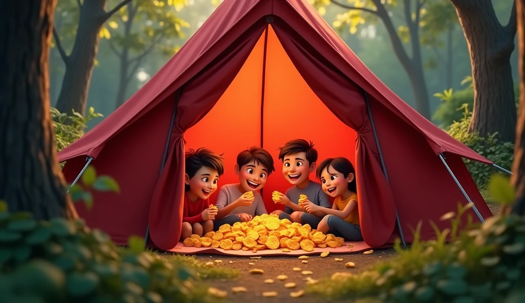 High angle drone camera shot view, Of an (A frame Tent) that is branded with with Red Colour (Bingo! Tomoatto Chips:2.2), A group of funny (happy friends laughing: 1.9) they are sharing (Bingo! chips: 3.1), Bingo! chips is an Indian brand, There are four characters, The camp is inside a forest, neat out line, detailed, White background, wide aspect ratio, fairy tale style, fairy tale style, hand-drawn, 3D pixar style, (Warm light source:1.2), (fire Fly:2.2), (nebula:1.3), 4K, Super detailed, (Dynamic configuration:1.4), HD Pixar detailed, Colorful details, (masterpiece:1.2), (highest quality),