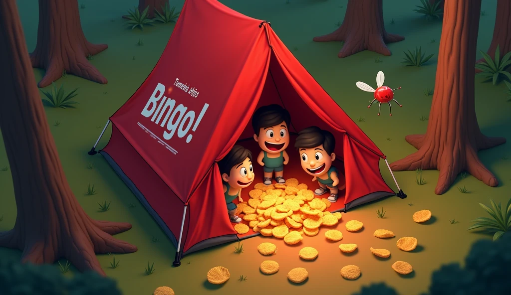 High angle drone camera shot view, Of an (A frame Tent) that is branded with with Red Colour (Bingo! Tomoatto Chips:2.2), A group of funny (happy friends laughing: 1.9) they are sharing (Bingo! chips: 3.1), Bingo! chips is an Indian brand, There are four characters, The camp is inside a forest, neat out line, detailed, White background, wide aspect ratio, fairy tale style, fairy tale style, hand-drawn, 3D pixar style, (Warm light source:1.2), (fire Fly:2.2), (nebula:1.3), 4K, Super detailed, (Dynamic configuration:1.4), HD Pixar detailed, Colorful details, (masterpiece:1.2), (highest quality),