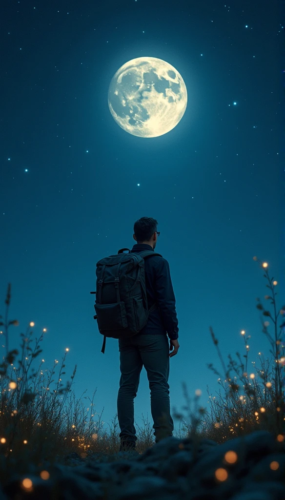 ((best qualtiy)), ((tmasterpiece)), (A detailed:1.4),Enhanced dynamic perspective,Behind,nighttime scene,starrysky,(darkly:1.4),((Business Professionals,Lag behind in every conceivable way,Sparkling in the moonlight,The starry sky flowed in front of him)),Secrets emerge in the dark,(Adventurer Backpack),(weeds),florals,(((adventurer clothes))),glow effect,super-fine,Works of masters,high quarity,8K resolution,depth of fields,Movie Lighting,epic shooting,high quarity,super-fine,precise,Cinematic lighting