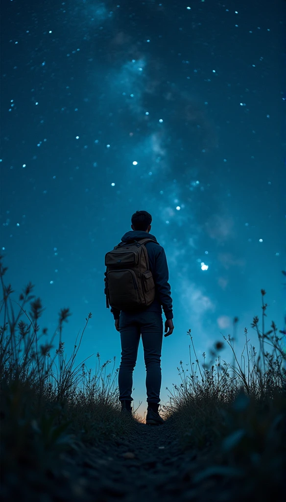 ((best qualtiy)), ((tmasterpiece)), (A detailed:1.4),Enhanced dynamic perspective,Behind,nighttime scene,starrysky,(darkly:1.4),((Business Professionals,Lag behind in every conceivable way,Sparkling in the moonlight,The starry sky flowed in front of him)),Secrets emerge in the dark,(Adventurer Backpack),(weeds),florals,(((adventurer clothes))),glow effect,super-fine,Works of masters,high quarity,8K resolution,depth of fields,Movie Lighting,epic shooting,high quarity,super-fine,precise,Cinematic lighting