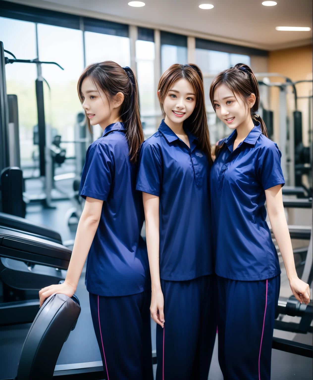 3 girls in fitness center, Navy blue short-sleeved shirt,Navy Long Trackpant,Sweatpants, Sweatpantsขายาว,25 year old girl, lesbian, sexy, exercise clothes, wet body, exercise clothes