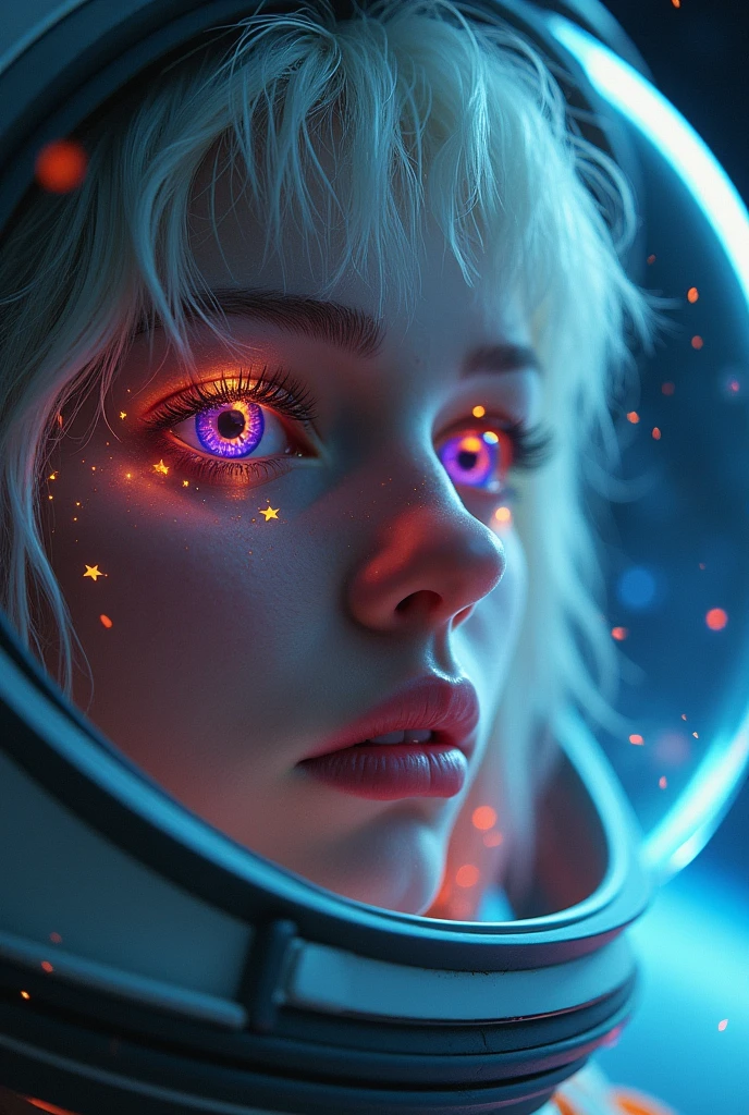 (Close-up of a better masterpiece:1.5)0.9], (Space and astronauts:1.2) (Messy silver hair:1.1) (Heterochromia xanthochromia and blue eyes:1.2) (Space Helmet:1.0) (Colored stars in the eyes:1.0) (A radiant glow:1.1) (thick lips:0.9)