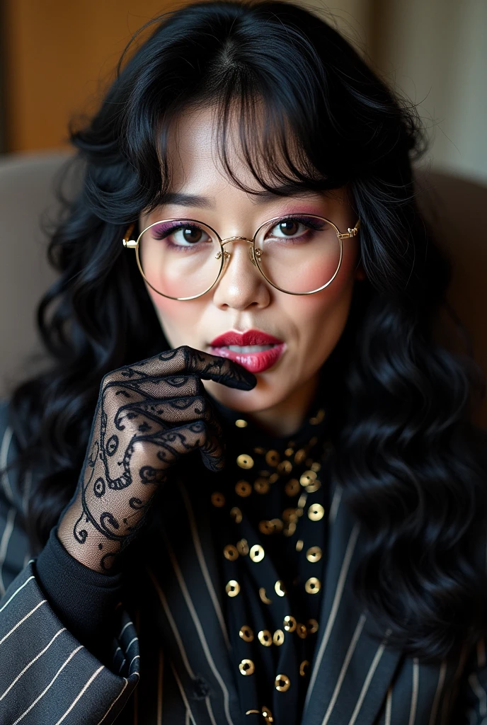 With long, curly black hair、Heavy makeup and purple eyeshadow、Around her neck she wears a black ribbon scarf with a gold chain pattern.、Wearing gold-rimmed glasses、Wearing black lace gloves、A Japanese woman in her 50s wearing a striped suit。Licking his fingers with his tongue

