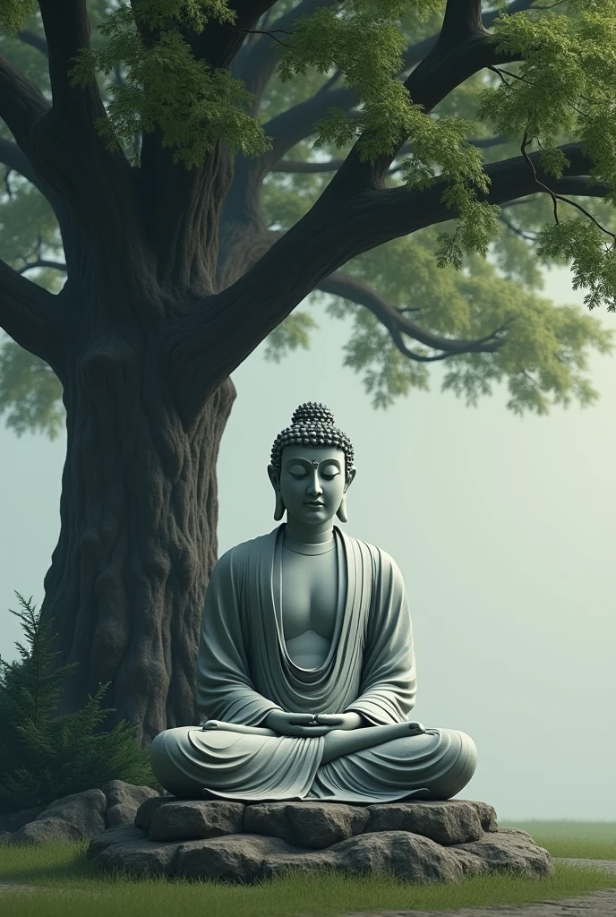 A grey color Buddha sitting under a tree big buddha boy 